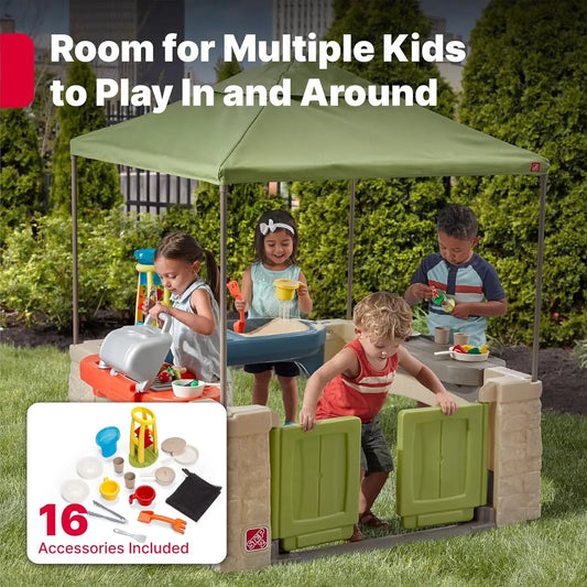 camping All Around Playtime Patio with Canopy, Kids Indoor/Outdoor , Made of Durable Plastic, Includes 16 Piece Toy Accessories,