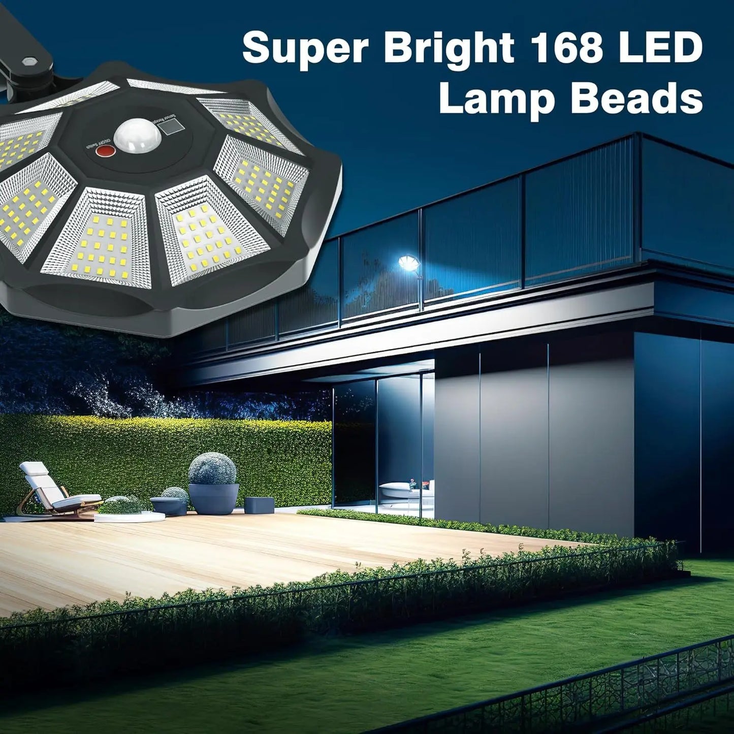 1Pack Solar Lights Outdoor 168LED 6500K Motion Sensor Flood Light Dusk to Dawn Solar Street Lamp for Yard Garden Pool Driveway