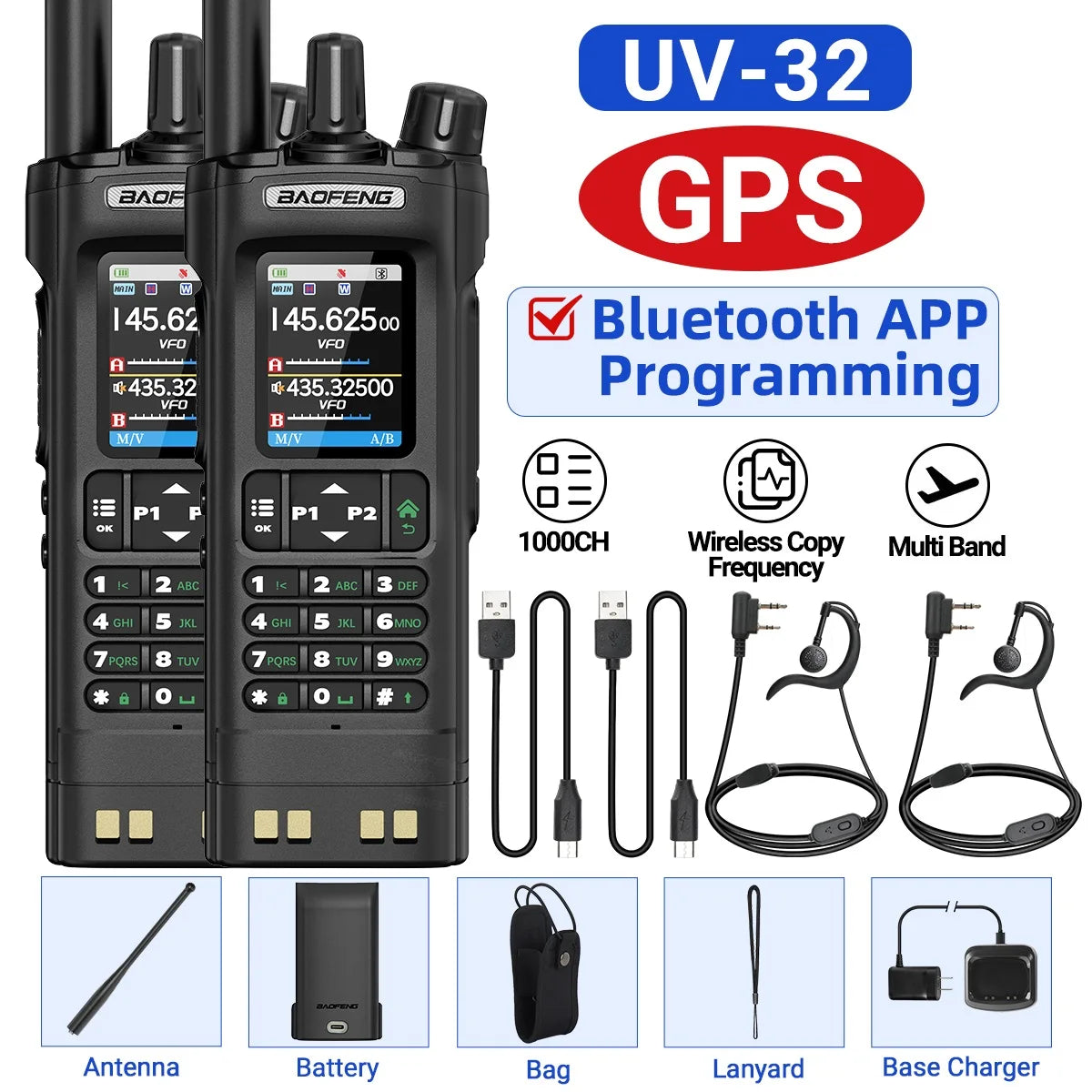 Walkie Talkie Baofeng UV-32 Multi Band 10W GPS Bluetooth Programming Amateur AM Two Way Radio with 2.0" Screen Type-C Ham Radio