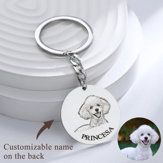 Custom Pet Portrait Keychain Personalized Dog Memorial Engraved Necklace Stainless Steel Pet Memorial Jewelry Gift for Pet Lover