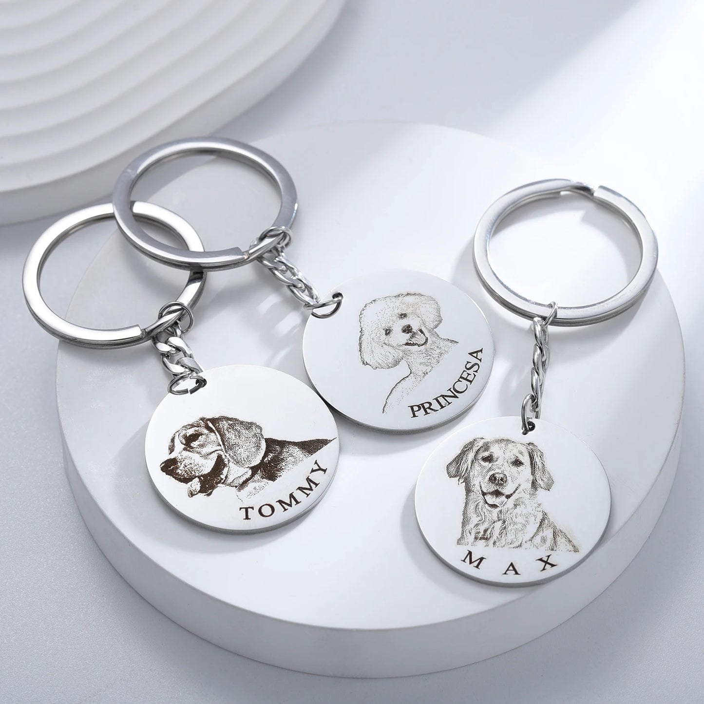 Custom Pet Portrait Keychain Personalized Dog Memorial Engraved Necklace Stainless Steel Pet Memorial Jewelry Gift for Pet Lover